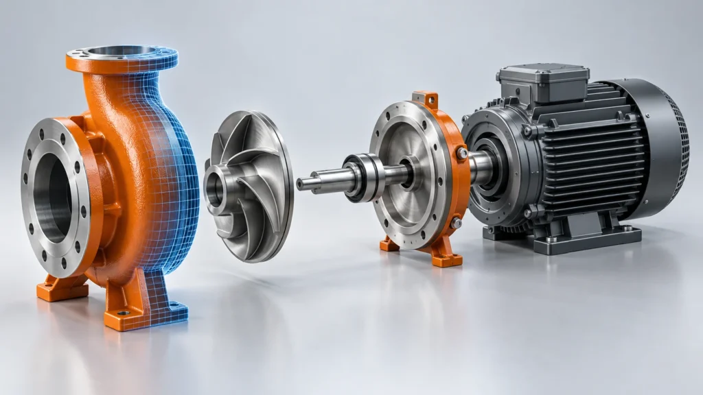 3D animation of an industrial pump with separated components